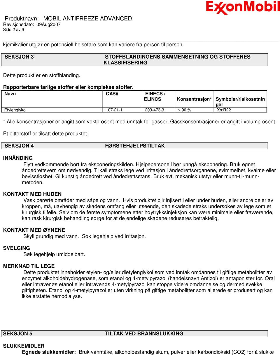 Navn CAS# EINECS / ELINCS Konsentrasjon* Symboler/risikosetnin ger Etylenglykol 107-21-1 203-473-3 > 90 % Xn;R22 * Alle konsentrasjoner er angitt som vektprosent med unntak for gasser.