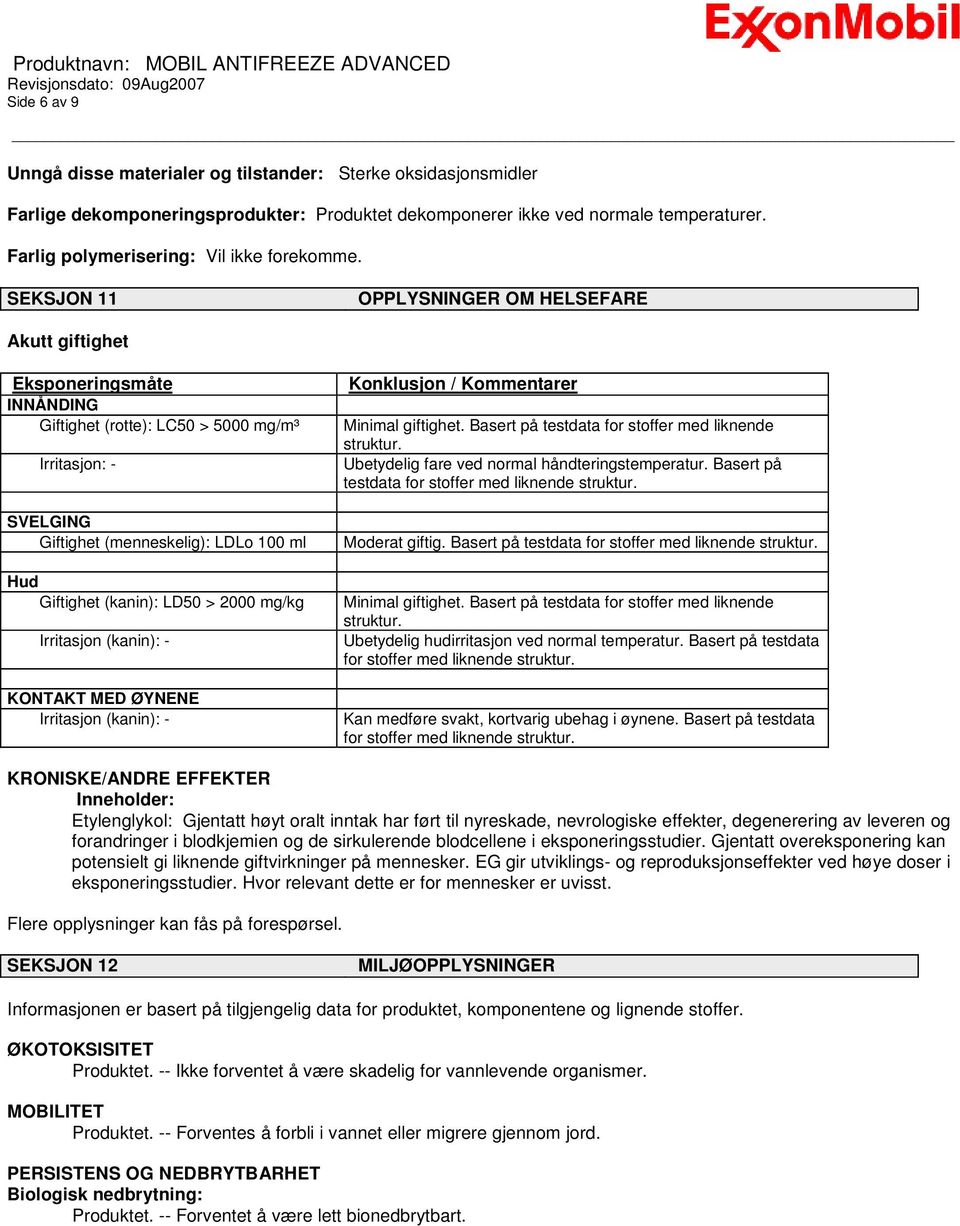 SEKSJON 11 OPPLYSNINGER OM HELSEFARE Akutt giftighet Eksponeringsmåte INNÅNDING Giftighet (rotte): LC50 > 5000 mg/m³ Irritasjon: - SVELGING Giftighet (menneskelig): LDLo 100 ml Hud Giftighet (kanin):