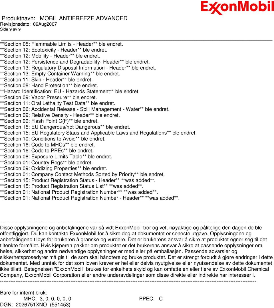 **Section 11: Skin - Header** ble endret. **Section 08: Hand Protection** ble endret. **Hazard Identification: EU - Hazards Statement** ble endret. **Section 09: Vapor Pressure** ble endret.