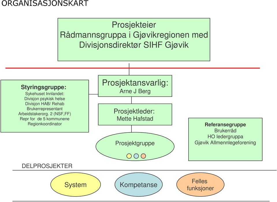 2 (NSF,FF) Repr for de 5 kommunene Regionkoordinator Prosjektansvarlig: Arne J Berg Prosjektleder: Mette Hafstad