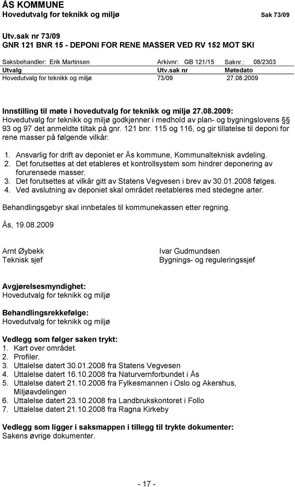 121 bnr. 115 og 116, og gir tillatelse til deponi for rene masser på følgende vilkår: 1. Ansvarlig for drift av deponiet er Ås kommune, Kommunalteknisk avdeling. 2.