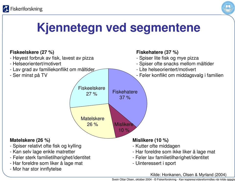 %) - Spiser relativt ofte fisk og kylling - Kan selv lage enkle matretter - Føler sterk familietilhørighet/identitet - Har foreldre som liker å lage mat - Mor har stor innflytelse Matelskere 26 %