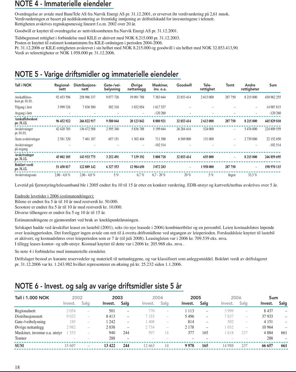 Goodwill er knyttet til overdragelse av nettvirksomheten fra Narvik Energi AS pr. 31.12.2001. Tidsbegrenset rettighet i forbindelse med KILE er aktivert med NOK 8.215.000 pr. 31.12.2003.