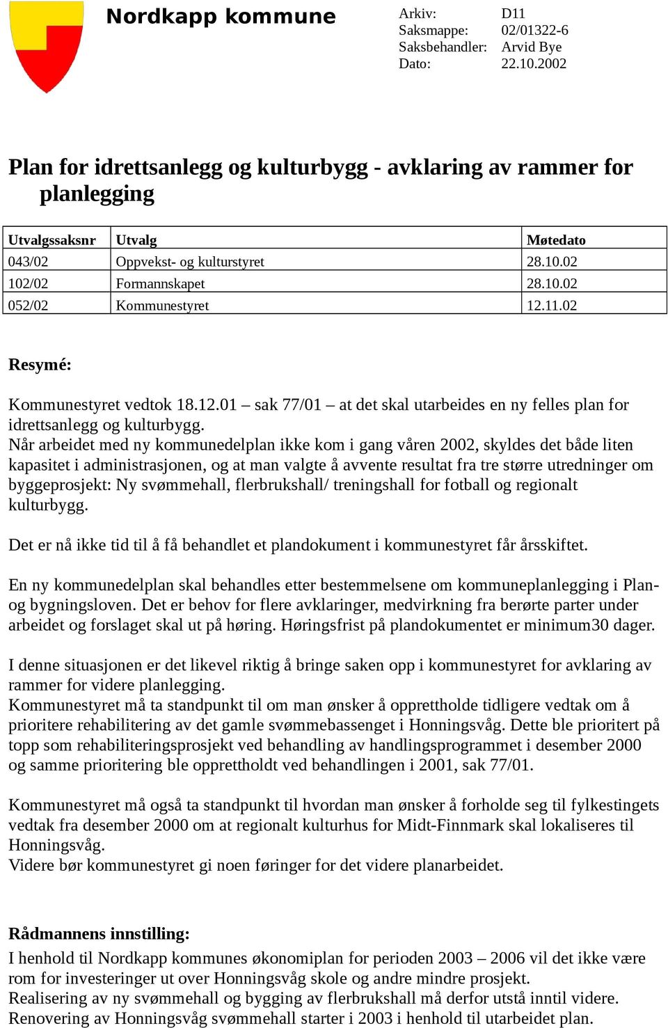 11.02 Resymé: Kommunestyret vedtok 18.12.01 sak 77/01 at det skal utarbeides en ny felles plan for idrettsanlegg og kulturbygg.