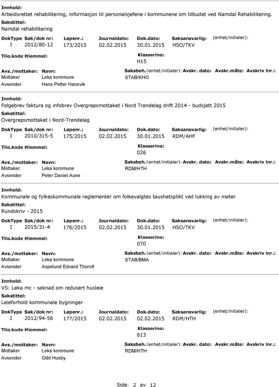 : Avsender Hans Petter Hansvik nnhold: Følgebrev faktura og infobrev Overgrepsmottaket i Nord Trøndelag drift 2014 - budsjett 2015 Overgrepsmottaket i Nord-Trøndelag 2010/315-5 175/2015 RDM/AHF 026