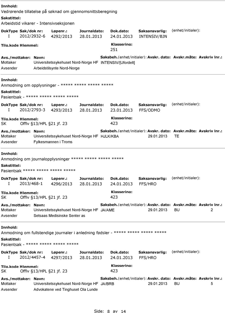 01.2013 TE Fylkesmannen i Troms Anmodning om journalopplysninger ***** ***** ***** ***** 2013/468-1 4296/2013 Mottaker niversitetssykehuset Nord-Norge HF JA/AME 29.01.2013 B 2 Setsaas Medisinske