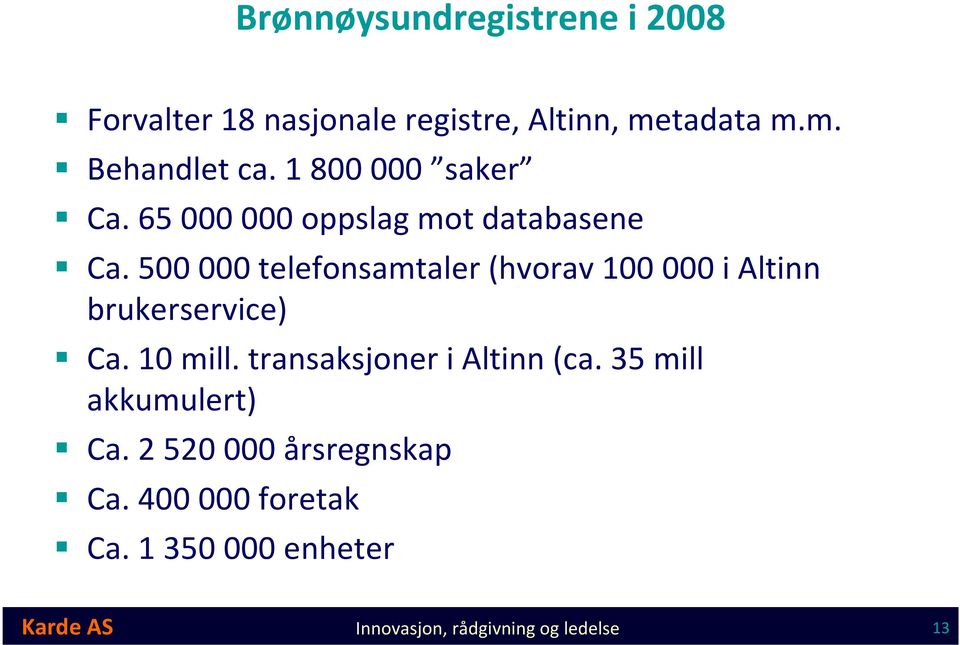 500 000 telefonsamtaler (hvorav 100 000 i Altinn brukerservice) Ca. 10 mill.