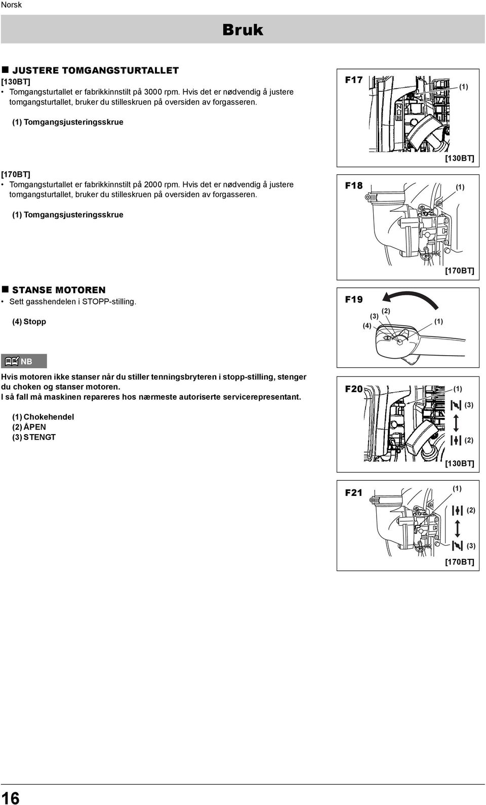 Tomgangsjusteringsskrue F17 Tomgangsturtallet er fabrikkinnstilt på 2000 rpm.  Tomgangsjusteringsskrue F18 STANSE MOTOREN Sett gasshendelen i STOPP-stilling.