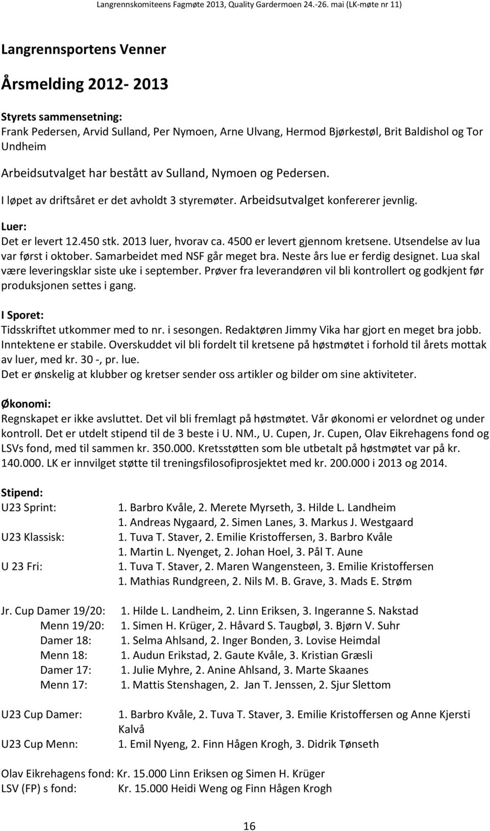 4500 er levert gjennom kretsene. Utsendelse av lua var først i oktober. Samarbeidet med NSF går meget bra. Neste års lue er ferdig designet. Lua skal være leveringsklar siste uke i september.