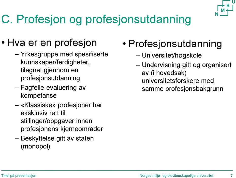 profesjonens kjerneområder Beskyttelse gitt av staten (monopol) Profesjonsutdanning Universitet/høgskole Undervisning gitt og