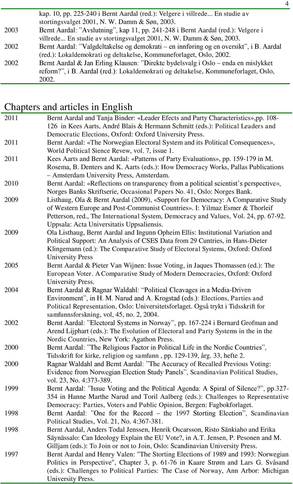 2002 Bernt Aardal & Jan Erling Klausen: Direkte bydelsvalg i Oslo enda en mislykket reform?, i B. Aardal (red.): Lokaldemokrati og deltakelse, Kommuneforlaget, Oslo, 2002.