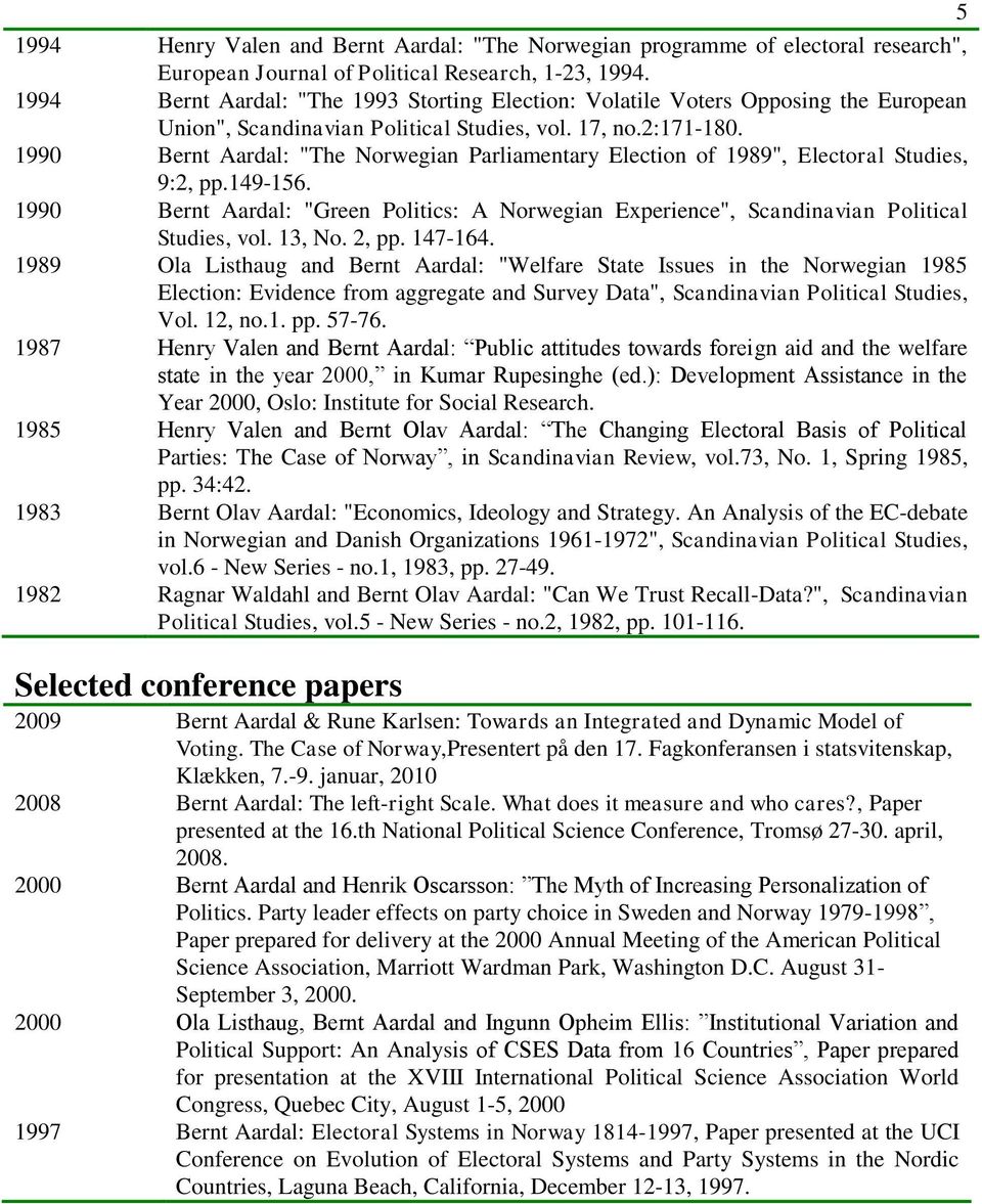 1990 Bernt Aardal: "The Norwegian Parliamentary Election of 1989", Electoral Studies, 9:2, pp.149-156. 1990 Bernt Aardal: "Green Politics: A Norwegian Experience", Scandinavian Political Studies, vol.