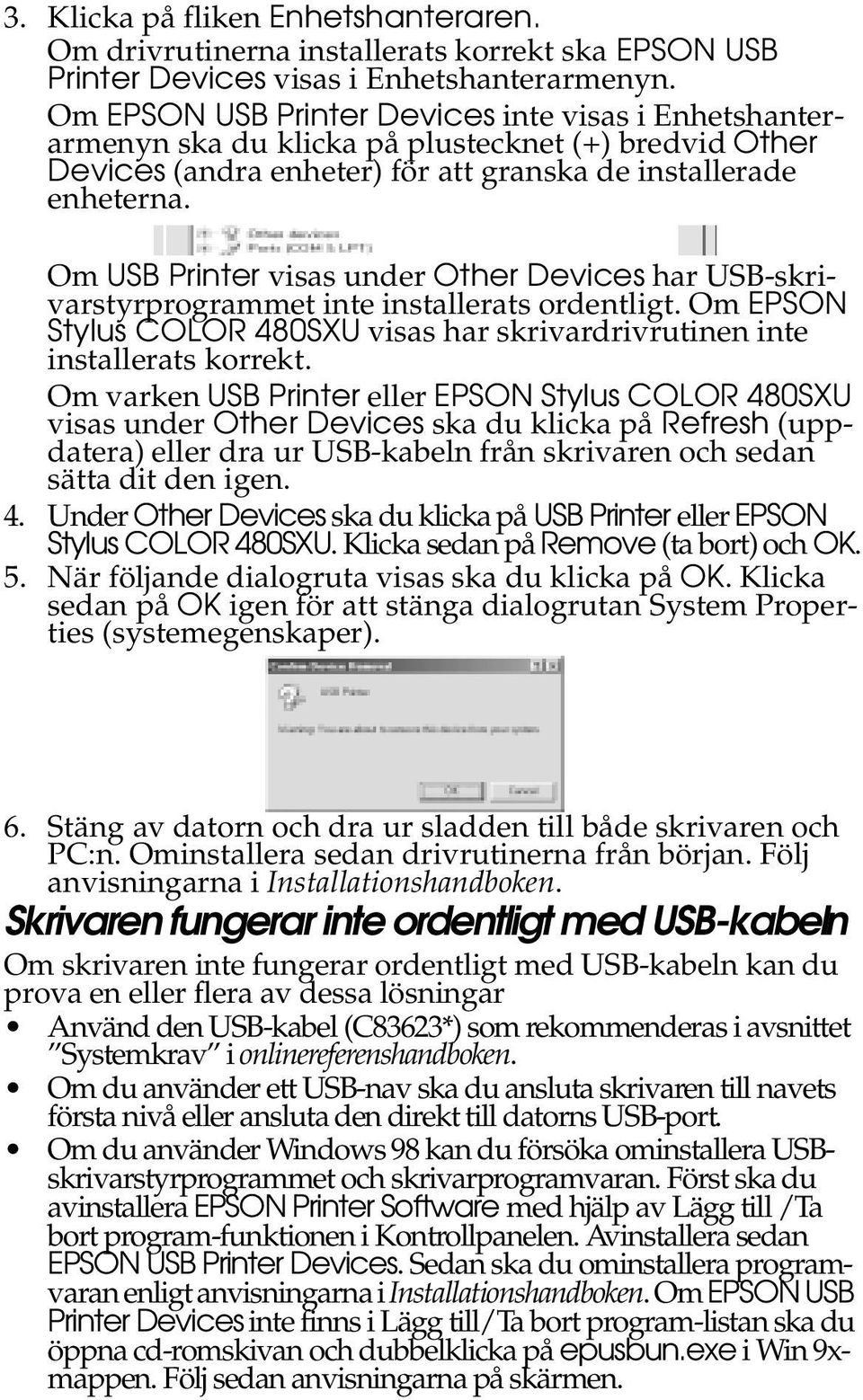 Om USB Printer visas under Other Devices har USB-skrivarstyrprogrammet inte installerats ordentligt. Om EPSON Stylus COLOR 480SXU visas har skrivardrivrutinen inte installerats korrekt.