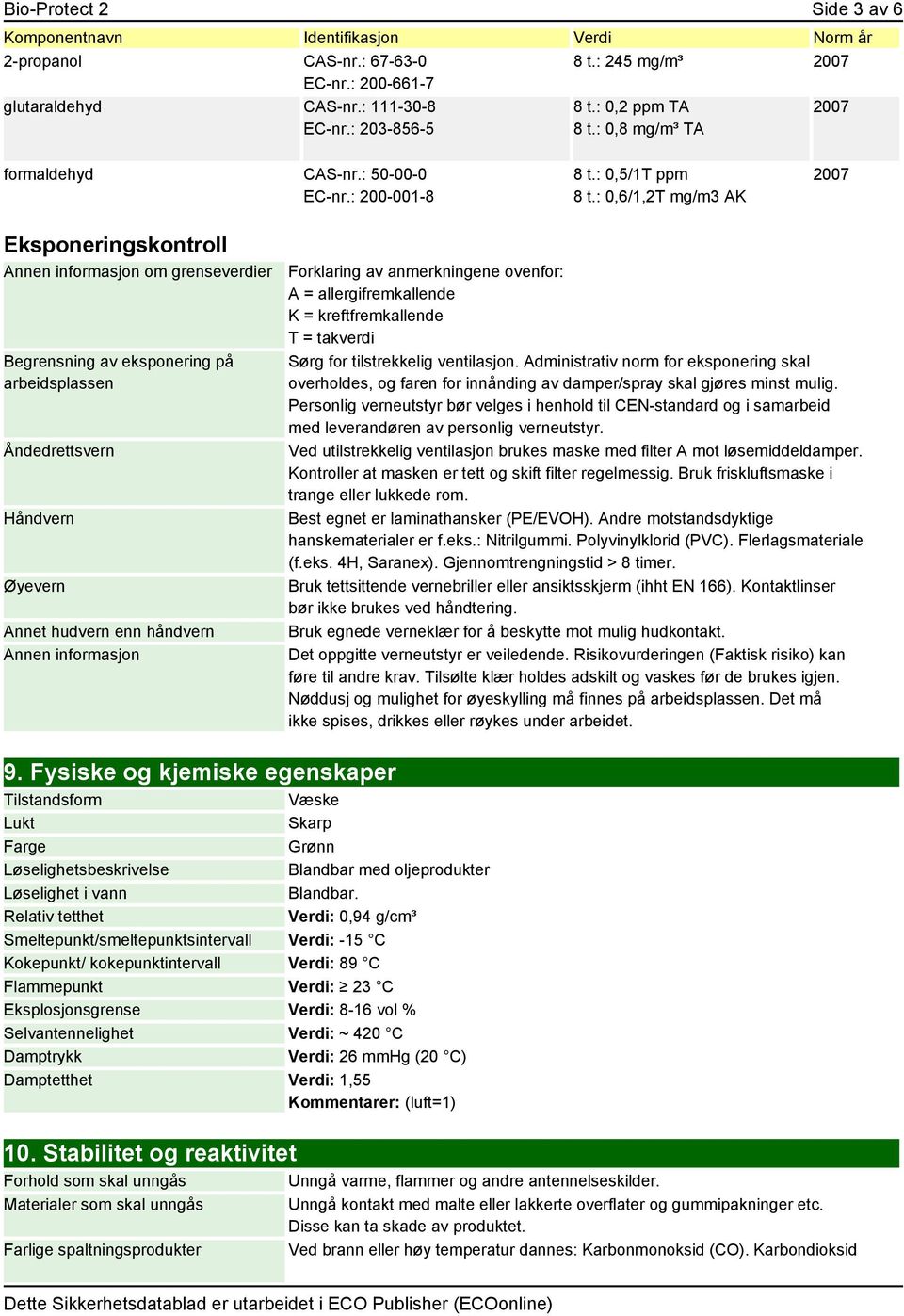 : 0,6/1,2T mg/m3 AK 2007 Eksponeringskontroll om grenseverdier Begrensning av eksponering på arbeidsplassen Åndedrettsvern Håndvern Øyevern Annet hudvern enn håndvern Forklaring av anmerkningene