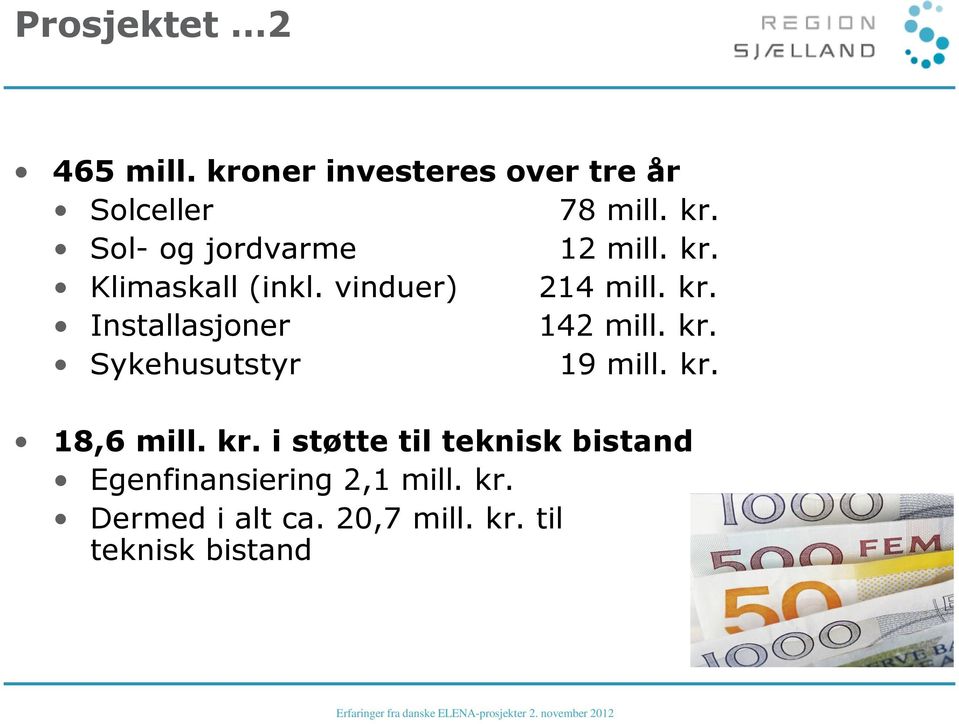 kr. 18,6 mill. kr. i støtte til teknisk bistand Egenfinansiering 2,1 mill. kr. Dermed i alt ca.