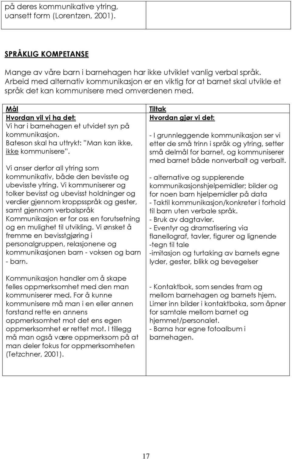 Mål Hvordan vil vi ha det: Vi har i barnehagen et utvidet syn på kommunikasjon. Bateson skal ha uttrykt: Man kan ikke, ikke kommunisere.