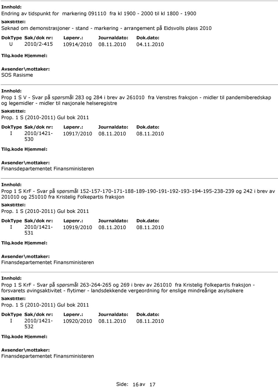 2010 SOS Rasisme Prop 1 S V - Svar på spørsmål 283 og 284 i brev av 261010 fra Venstres fraksjon - midler til pandemiberedskap og legemidler - midler til nasjonale helseregistre Prop.