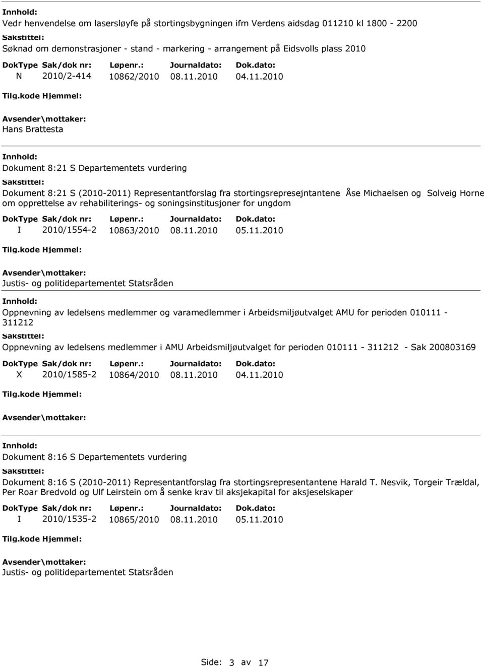 2010 Hans Brattesta Dokument 8:21 S Departementets vurdering Dokument 8:21 S (2010-2011) Representantforslag fra stortingsrepresejntantene Åse Michaelsen og Solveig Horne om opprettelse av