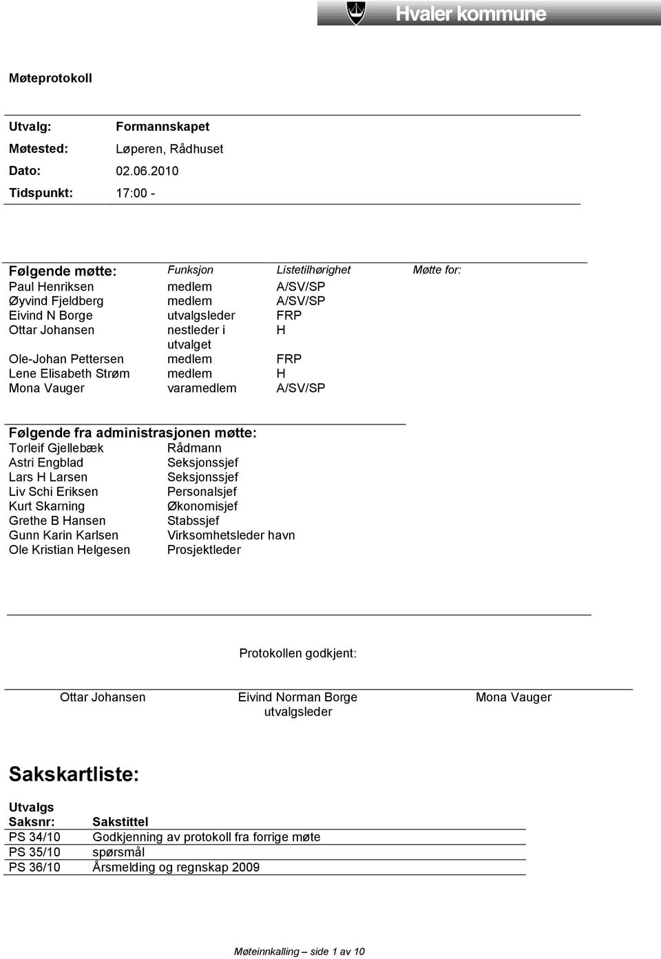 utvalget Ole-Johan Pettersen medlem FRP Lene Elisabeth Strøm medlem H Mona Vauger varamedlem A/SV/SP Følgende fra administrasjonen møtte: Rådmann Astri Engblad Seksjonssjef Lars H Larsen Seksjonssjef