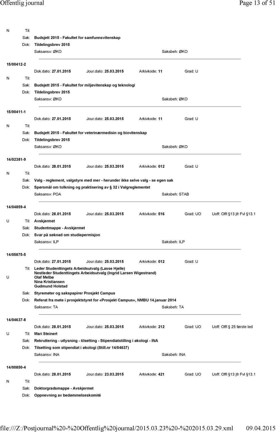 2015 Arkivkode: 11 Grad: U Sak: Budsjett 2015 - Fakultet for veterinærmedisin og biovitenskap Dok: Tildelingsbrev 2015 Saksansv: ØKO Saksbeh: ØKO 14/02381-9 Dok.dato: 28.01.2015 Jour.dato: 25.03.