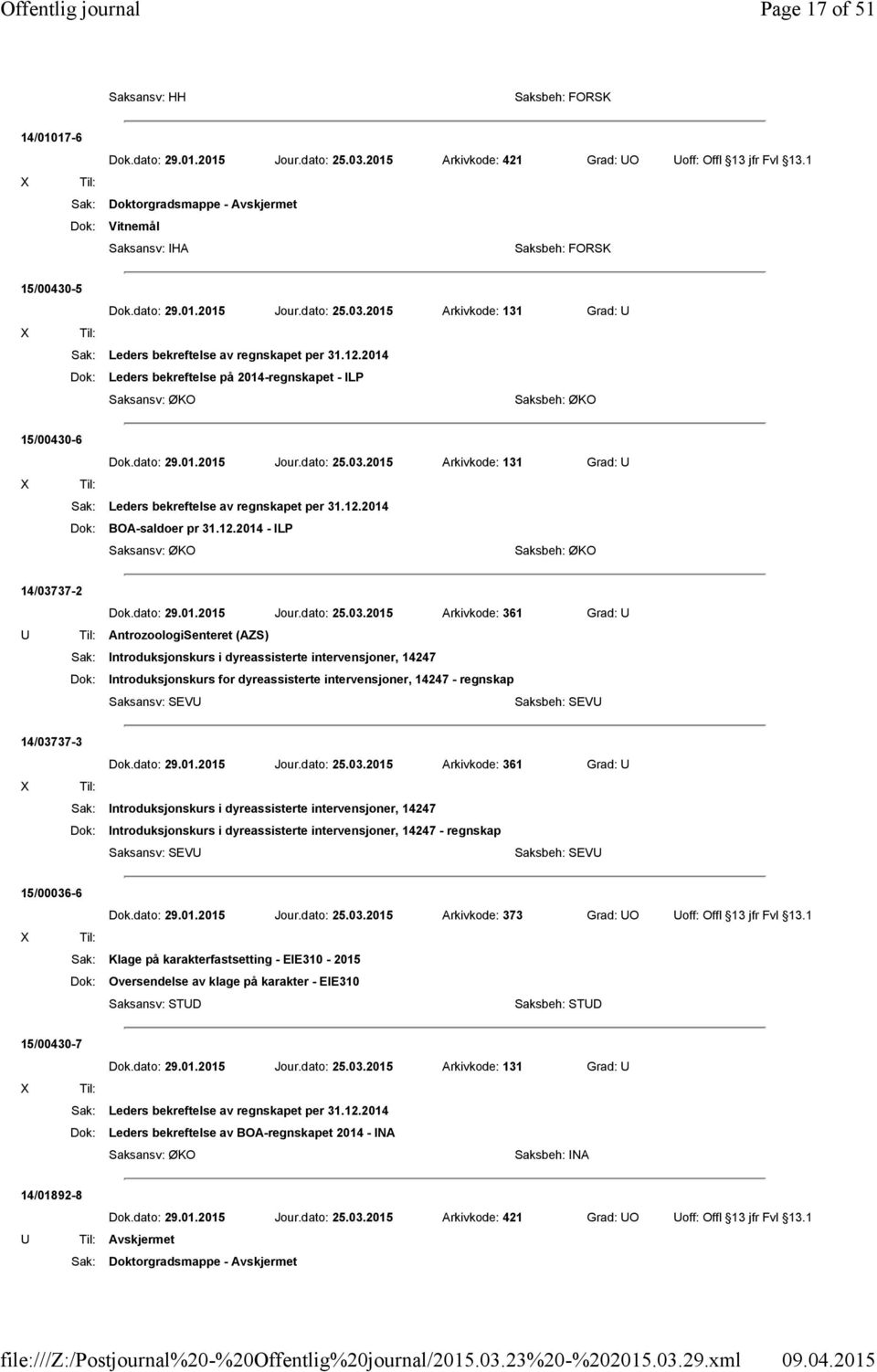 2014 Dok: Leders bekreftelse på 2014-regnskapet - ILP Saksansv: ØKO Saksbeh: ØKO 15/00430-6 Dok.dato: 29.01.2015 Jour.dato: 25.03.