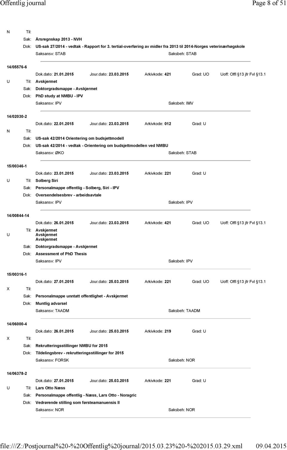 dato: 23.01.2015 Jour.dato: 23.03.2015 Arkivkode: 221 Grad: U U Til: Solberg Siri Sak: Personalmappe offentlig - Solberg, Siri - IPV Dok: Oversendelsesbrev - arbeidsavtale 14/00844-14 U Dok.dato: 26.