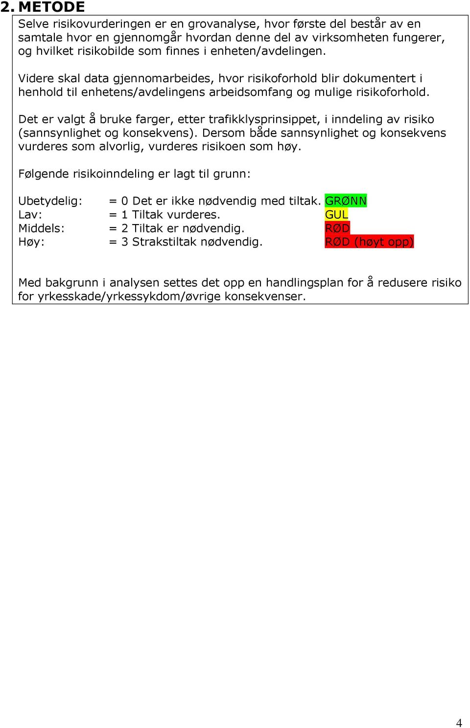 Det er valgt å bruke farger, etter trafikklysprinsippet, i inndeling av risiko (sannsynlighet og konsekvens). Dersom både sannsynlighet og konsekvens vurderes som alvorlig, vurderes risikoen som høy.