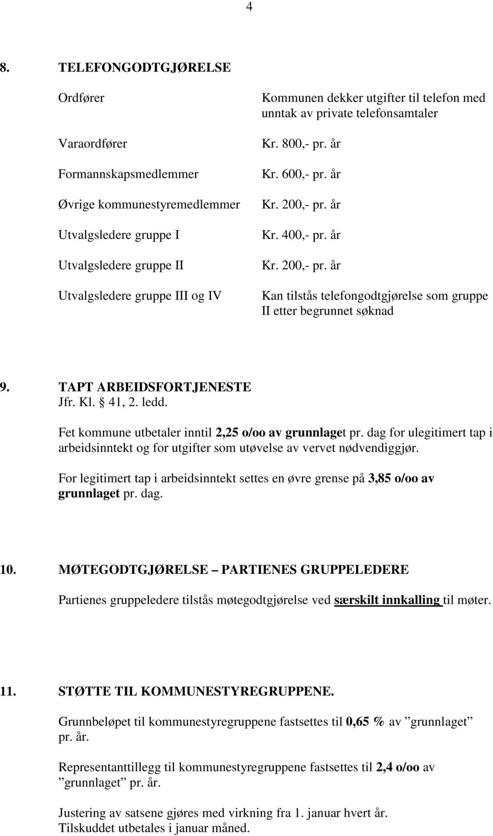 TAPT ARBEIDSFORTJENESTE Jfr. Kl. 41, 2. ledd. Fet kommune utbetaler inntil 2,25 o/oo av grunnlaget pr. dag for ulegitimert tap i arbeidsinntekt og for utgifter som utøvelse av vervet nødvendiggjør.