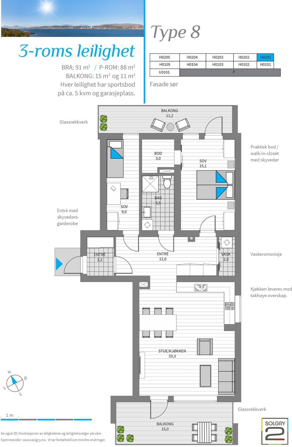 walk-in-closet med skyvedør Entré med skyvedørsgarderobe SOV 9,0 BAD 5,5 ENTRÉ 3,2 ENTRÉ 12,0 VASK 2,0 Vaskeromsnisje Kjøkken leveres med takhøye overskap.