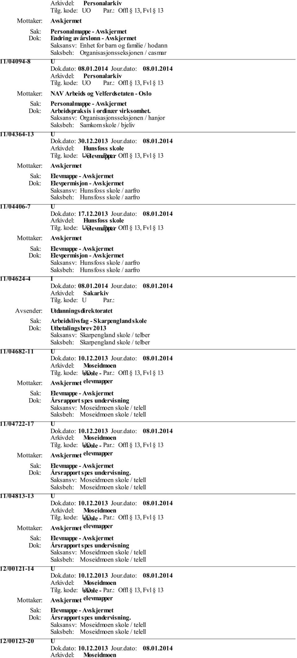 : Offl 13, Fvl 13 Elevpermisjon - Saksansv: Hunsfoss skole / aarfro Saksbeh: Hunsfoss skole / aarfro 11/04406-7 U Dok.dato: 17.12.2013 Jour.dato: 08.01.2014 Arkivdel: Hunsfoss skole Tilg.