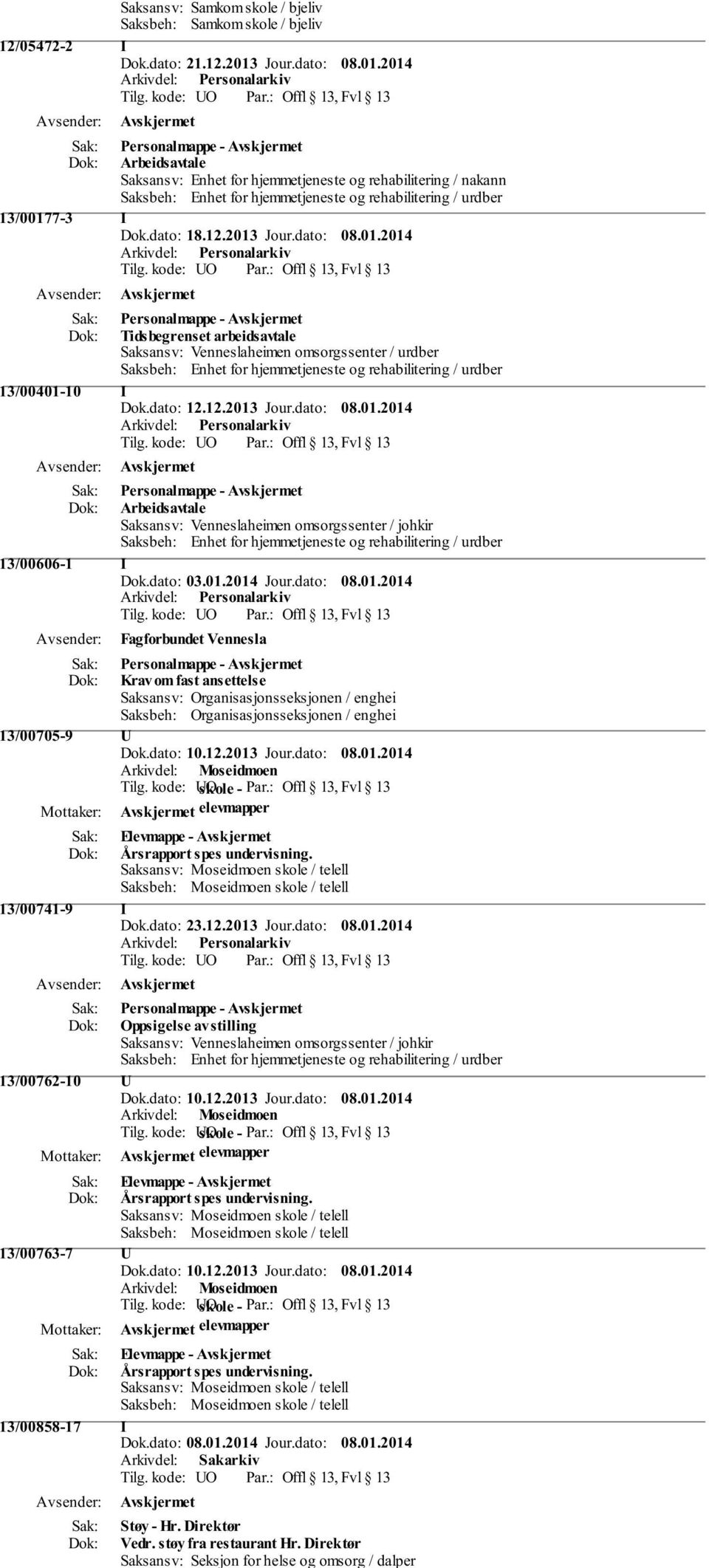 dato: 23.12.2013 Jour.dato: 08.01.2014 Oppsigelse av stilling 13/00762-10 U elevmapper 13/00763-7 U elevmapper 13/00858-17 I Støy - Hr. Direktør Vedr. støy fra restaurant Hr.