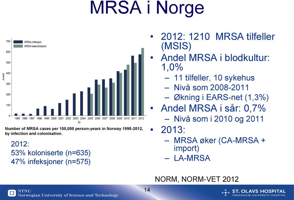 2012: 53% koloniserte (n=635) 47% infeksjoner (n=575) 2012: 1210 MRSA tilfeller (MSIS) Andel MRSA i