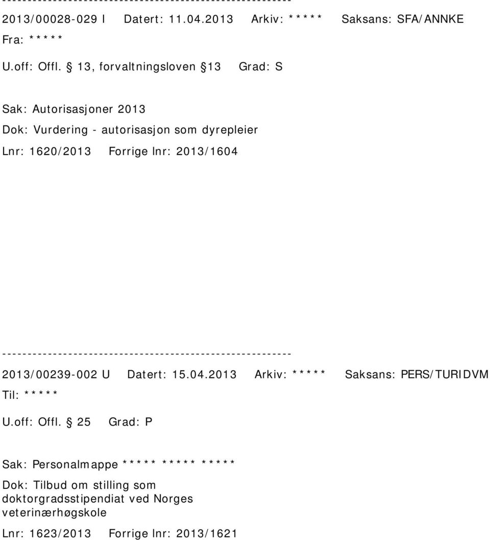 Forrige lnr: 2013/1604 2013/00239-002 U Datert: 15.04.2013 Arkiv: ***** Saksans: PERS/TURIDVM ***** U.off: Offl.