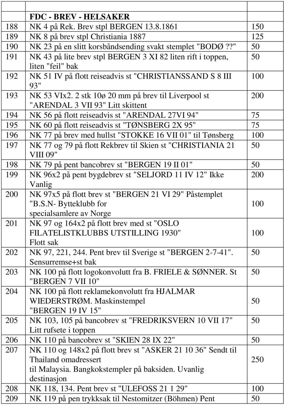 2 stk 10ø 20 mm på brev til Liverpool st 200 "ARENDAL 3 VII 93" Litt skittent 194 NK 56 på flott reiseadvis st "ARENDAL 27VI 94" 75 195 NK 60 på flott reiseadvis st "TØNSBERG 2X 95" 75 196 NK 77 på