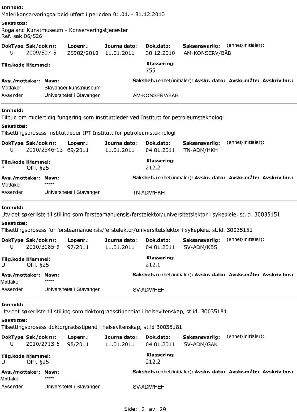 2010 AM-KONERV/BÅB 755 Mottaker tavanger kunstmuseum niversitetet i tavanger AM-KONERV/BÅB Tilbud om midlertidig fungering som instituttleder ved nstitutt for petroleumsteknologi Tilsettingsprosess