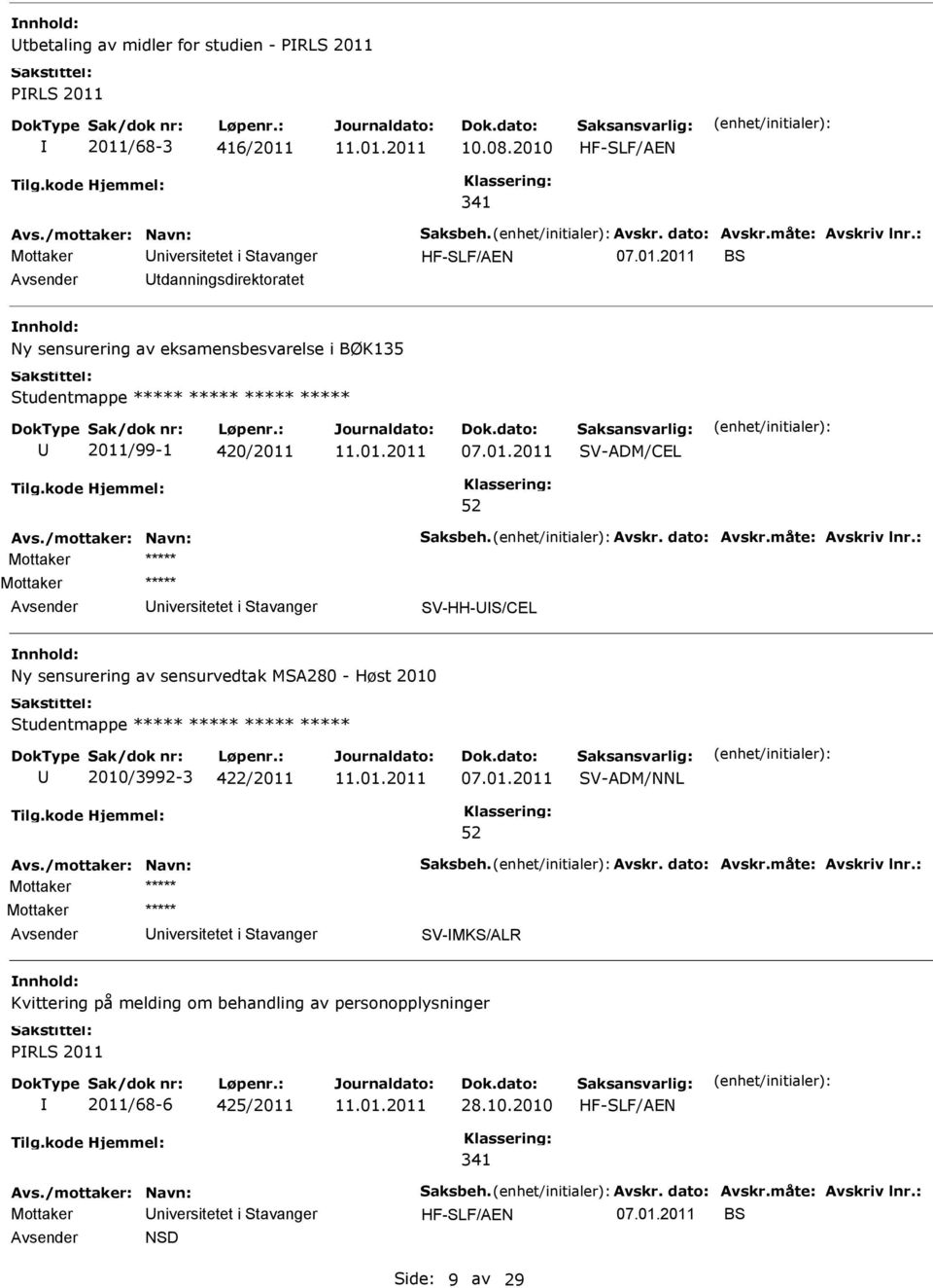 420/2011 V-ADM/CEL Mottaker ***** niversitetet i tavanger V-HH-/CEL Ny sensurering av sensurvedtak MA280 - Høst 2010 tudentmappe ***** ***** *****