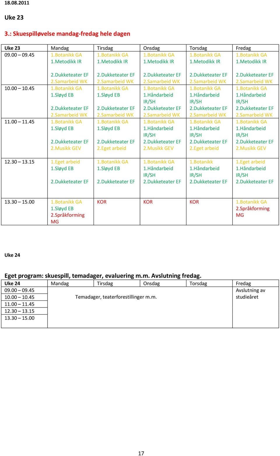 Dukketeater 1.Eget arbeid IR/ 2.Dukketeater 13.30 15.00 2.Språkforming 2.Språkforming Uke 24 Eget program: skuespill, temadager, evaluering m.m. Avslutning fredag.