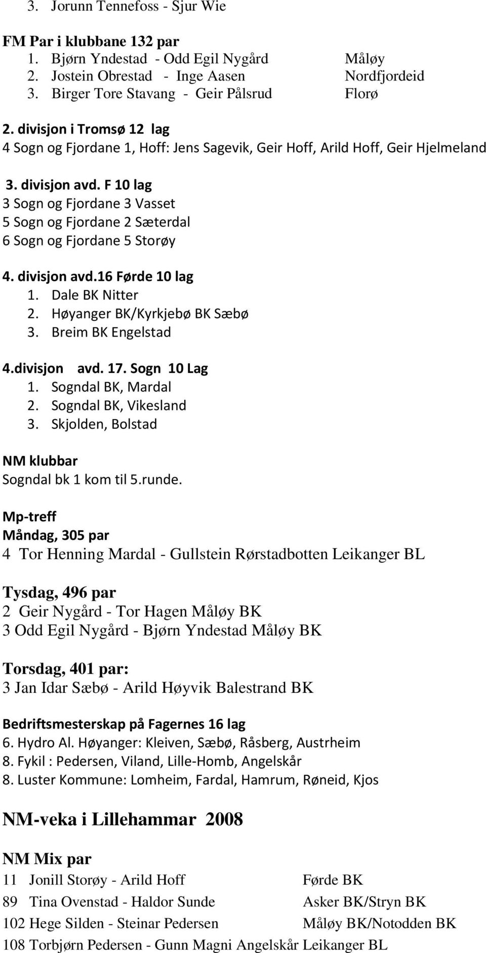 F 10 lag 3 Sogn og Fjordane 3 Vasset 5 Sogn og Fjordane 2 Sæterdal 6 Sogn og Fjordane 5 Storøy 4. divisjon avd.16 Førde 10 lag 1. Dale BK Nitter 2. Høyanger BK/Kyrkjebø BK Sæbø 3.