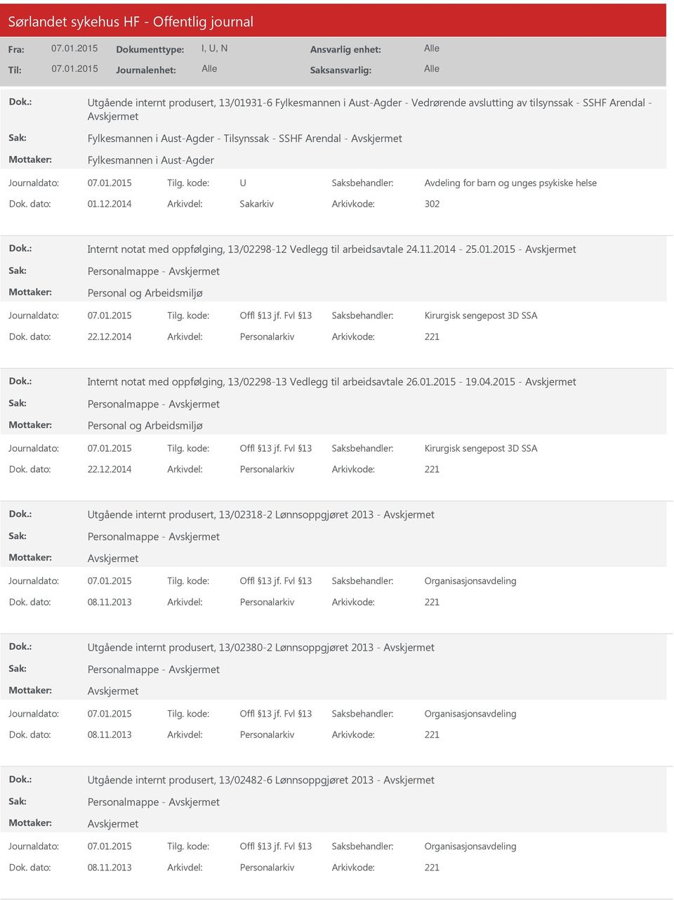 12.2014 Personalarkiv 221 Internt notat med oppfølging, 13/02298-13 Vedlegg til arbeidsavtale 26.01.2015-19.04.2015 - Personalmappe - Kirurgisk sengepost 3D SSA 22.12.2014 Personalarkiv 221 tgående internt produsert, 13/02318-2 Lønnsoppgjøret 2013 - Personalmappe - 08.