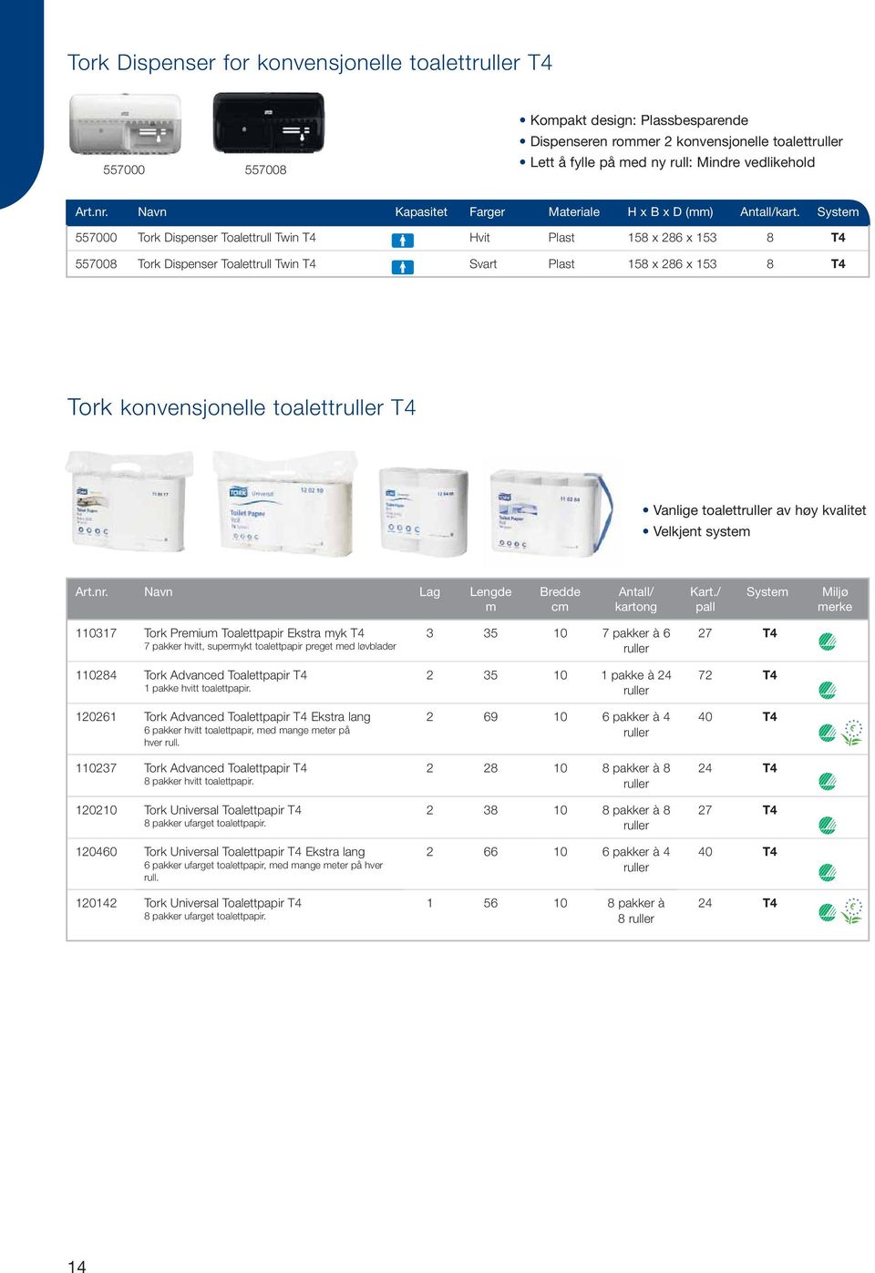 System 557000 Tork Dispenser Toalettrull Twin T4 Hvit Plast 158 x 286 x 153 8 T4 557008 Tork Dispenser Toalettrull Twin T4 Svart Plast 158 x 286 x 153 8 T4 Tork konvensjonelle toalettruller T4