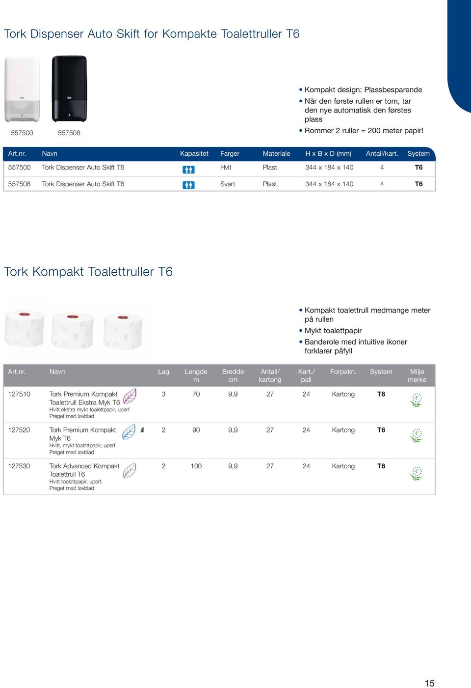 System 557500 Tork Dispenser Auto Skift T6 Hvit Plast 344 x 184 x 140 4 T6 557508 Tork Dispenser Auto Skift T6 Svart Plast 344 x 184 x 140 4 T6 Tork Kompakt Toalettruller T6 Kompakt toalettrull