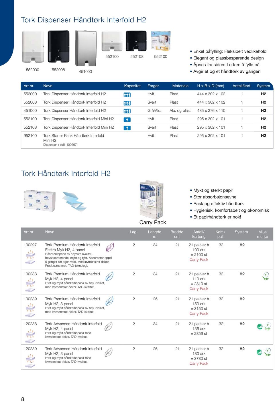 System 552000 Tork Dispenser Håndtørk Interfold H2 Hvit Plast 444 x 302 x 102 1 H2 552008 Tork Dispenser Håndtørk Interfold H2 Svart Plast 444 x 302 x 102 1 H2 451000 Tork Dispenser Håndtørk