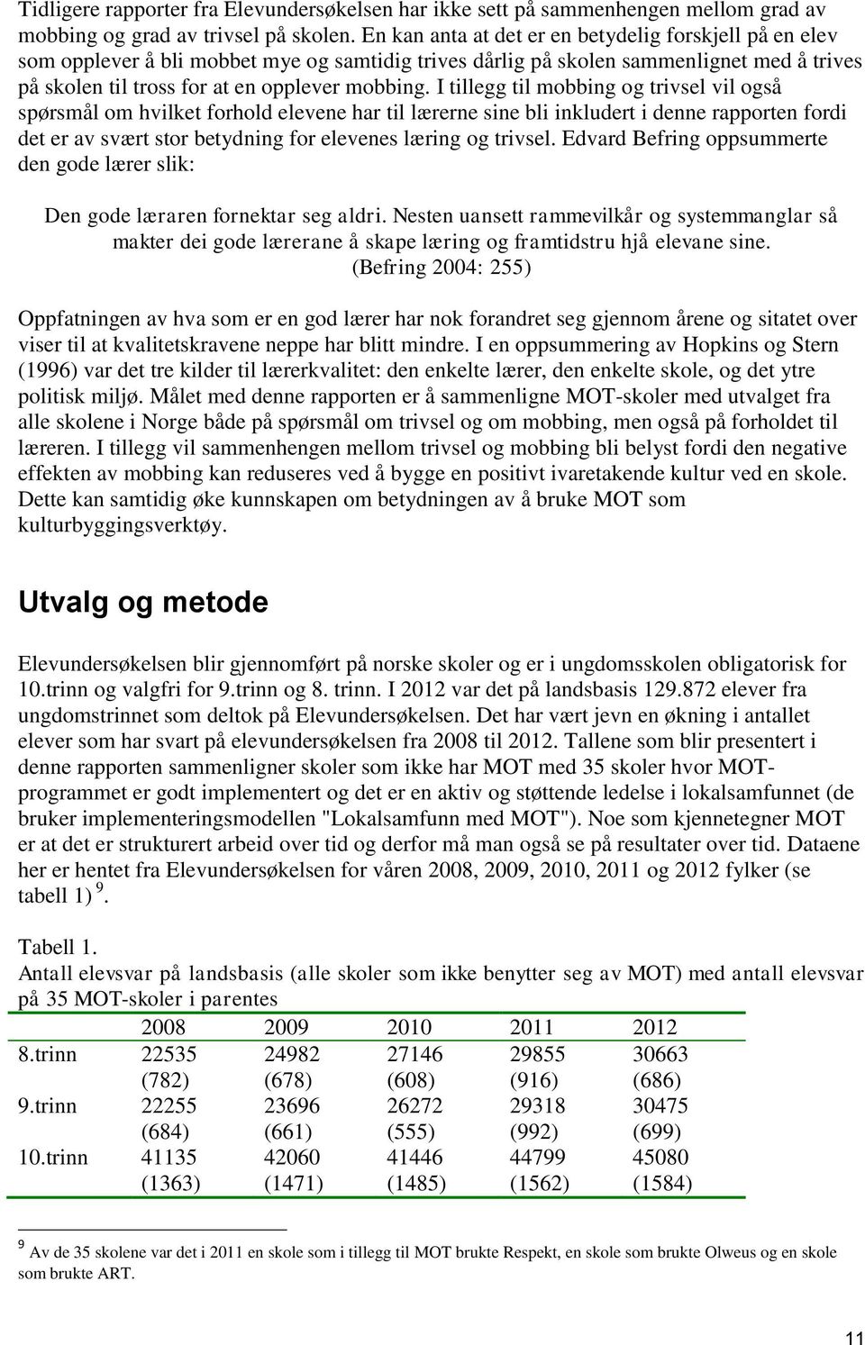 I tillegg til mobbing og trivsel vil også spørsmål om hvilket forhold elevene har til lærerne sine bli inkludert i denne rapporten fordi det er av svært stor betydning for elevenes læring og trivsel.