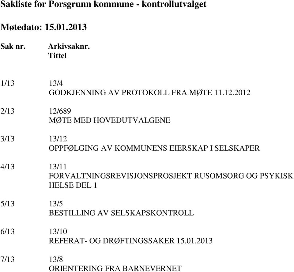 2012 2/13 12/689 MØTE MED HOVEDUTVALGENE 3/13 13/12 OPPFØLGING AV KOMMUNENS EIERSKAP I SELSKAPER 4/13