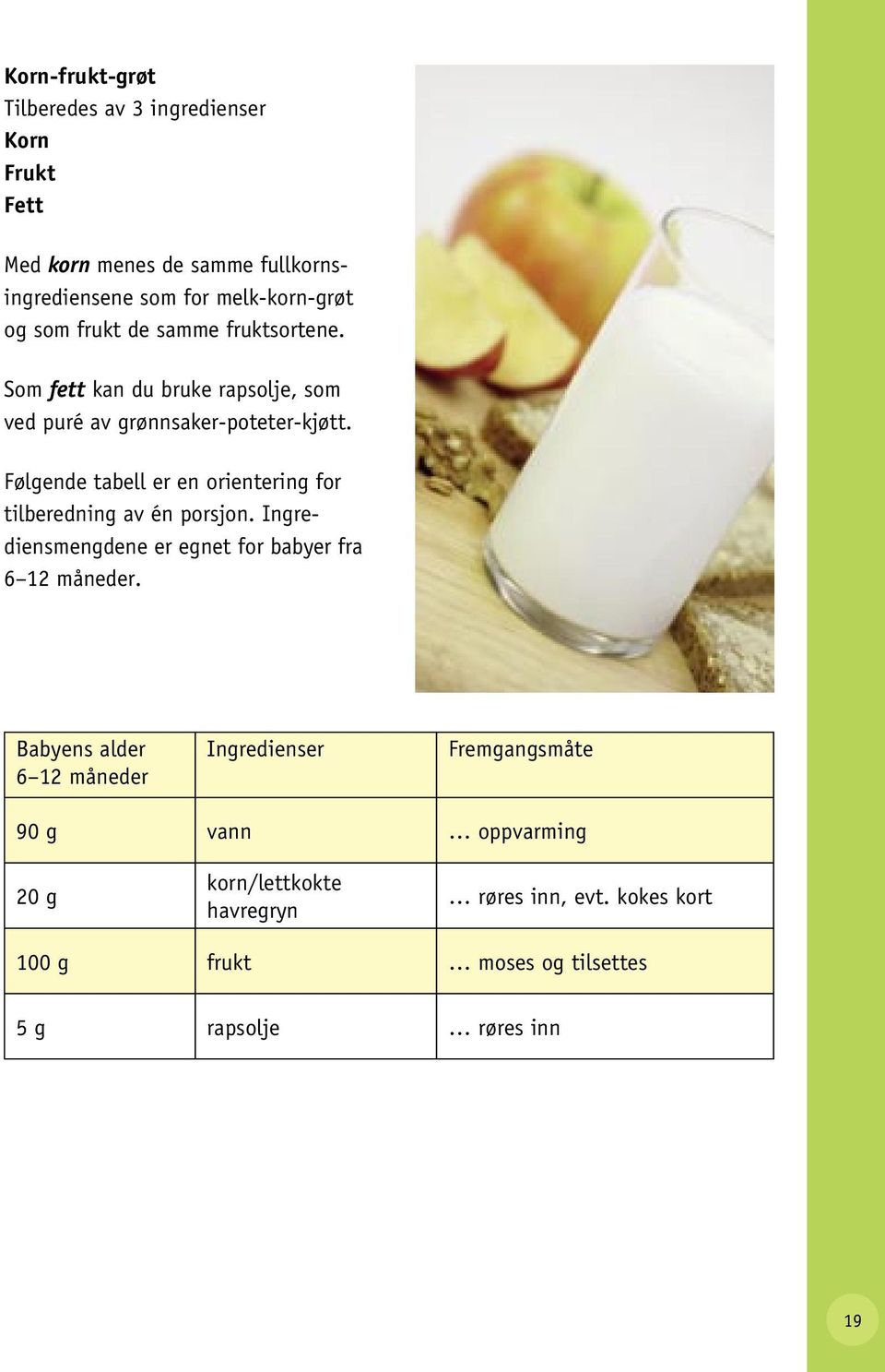 Følgende tabell er en orientering for tilberedning av én porsjon. Ingrediensmengdene er egnet for babyer fra 6 12 måneder.