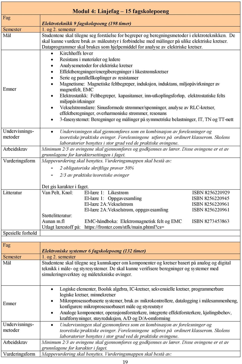 Kirchhoffs lover Resistans i materialer og ledere Analysemetoder for elektriske kretser Effektberegninger/energiberegninger i likestrømskretser Serie og parallellkoplinger av resistanser Magnetisme: