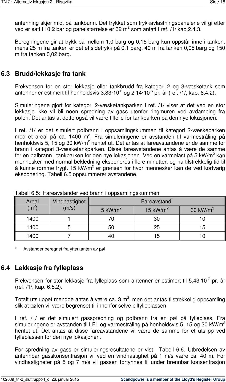 Beregningene gir at trykk på mellom 1,0 barg og 0,15 barg kun oppstår inne i tanken, mens 25 m fra tanken er det et sidetrykk på 0,1 barg, 40 m fra tanken 0,05 barg og 150 m fra tanken 0,02 barg. 6.