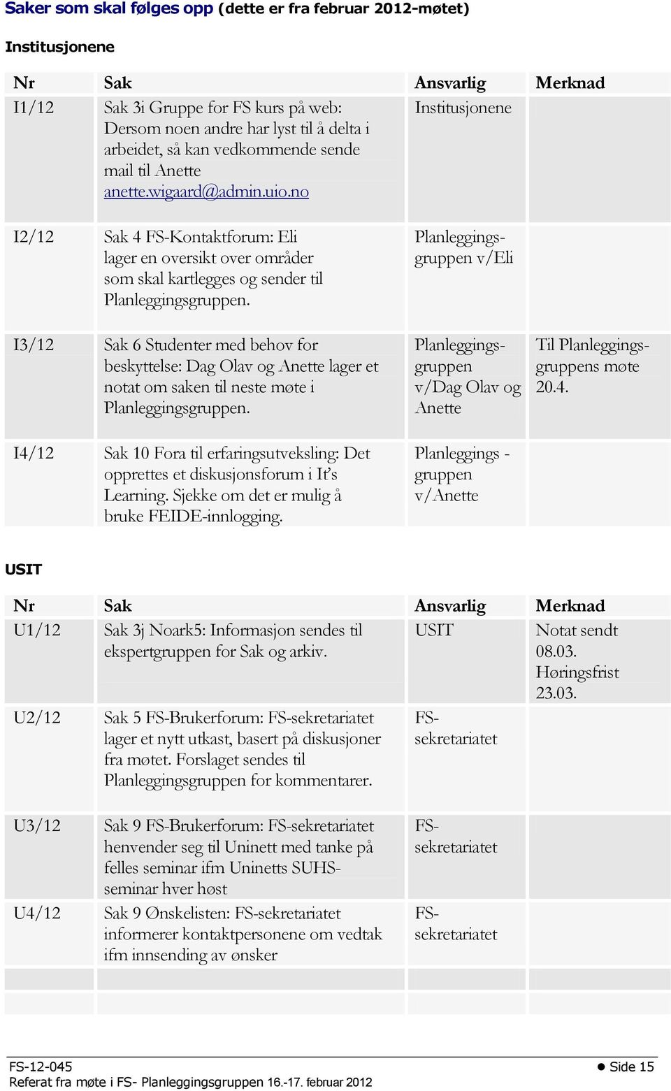 I3/12 Sak 6 Studenter med behov for beskyttelse: Dag Olav og Anette lager et notat om saken til neste møte i Planleggingsgruppen.