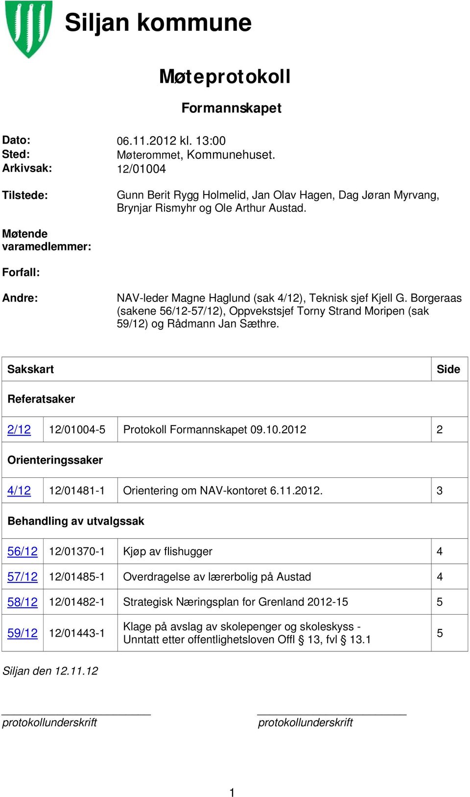 Møtende varamedlemmer: Forfall: Andre: NAV-leder Magne Haglund (sak 4/12), Teknisk sjef Kjell G. Borgeraas (sakene 56/12-57/12), Oppvekstsjef Torny Strand Moripen (sak 59/12) og Rådmann Jan Sæthre.