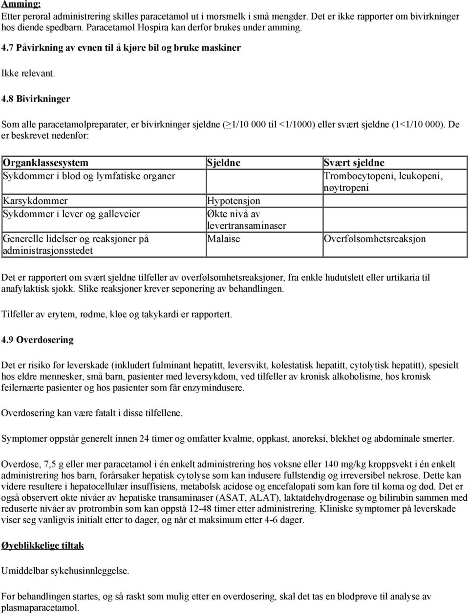 8 Bivirkninger Som alle paracetamolpreparater, er bivirkninger sjeldne ( 1/10 000 til <1/1000) eller svært sjeldne (1<1/10 000).